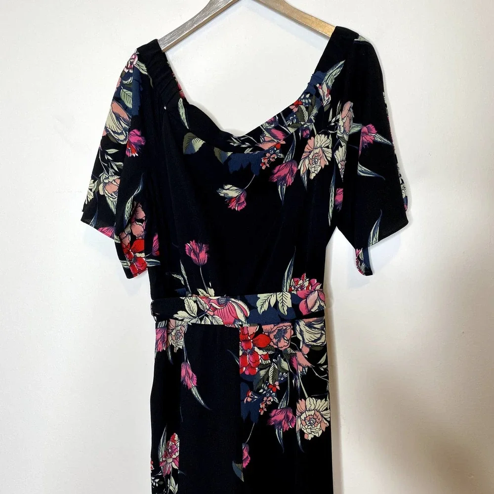 City Chic Black Misty Floral Off The Shoulder Belted Cropped Leg Jumpsuit - Picture 10 of 11